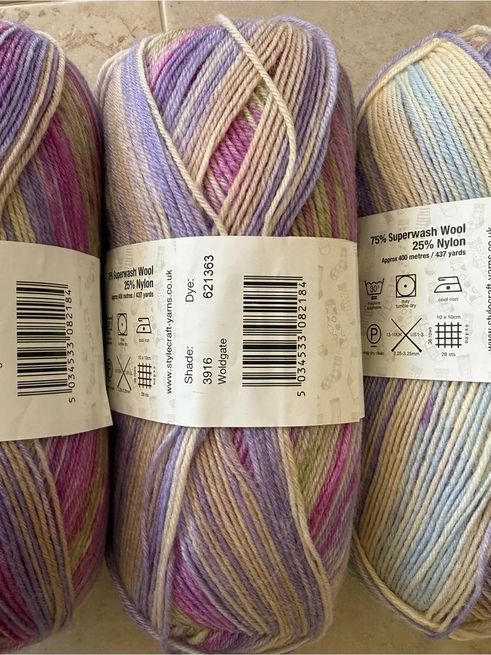 Stylecraft All Star Variegated Yarn - Pastel Lavender, Pink, Cream - 3 Skeins
